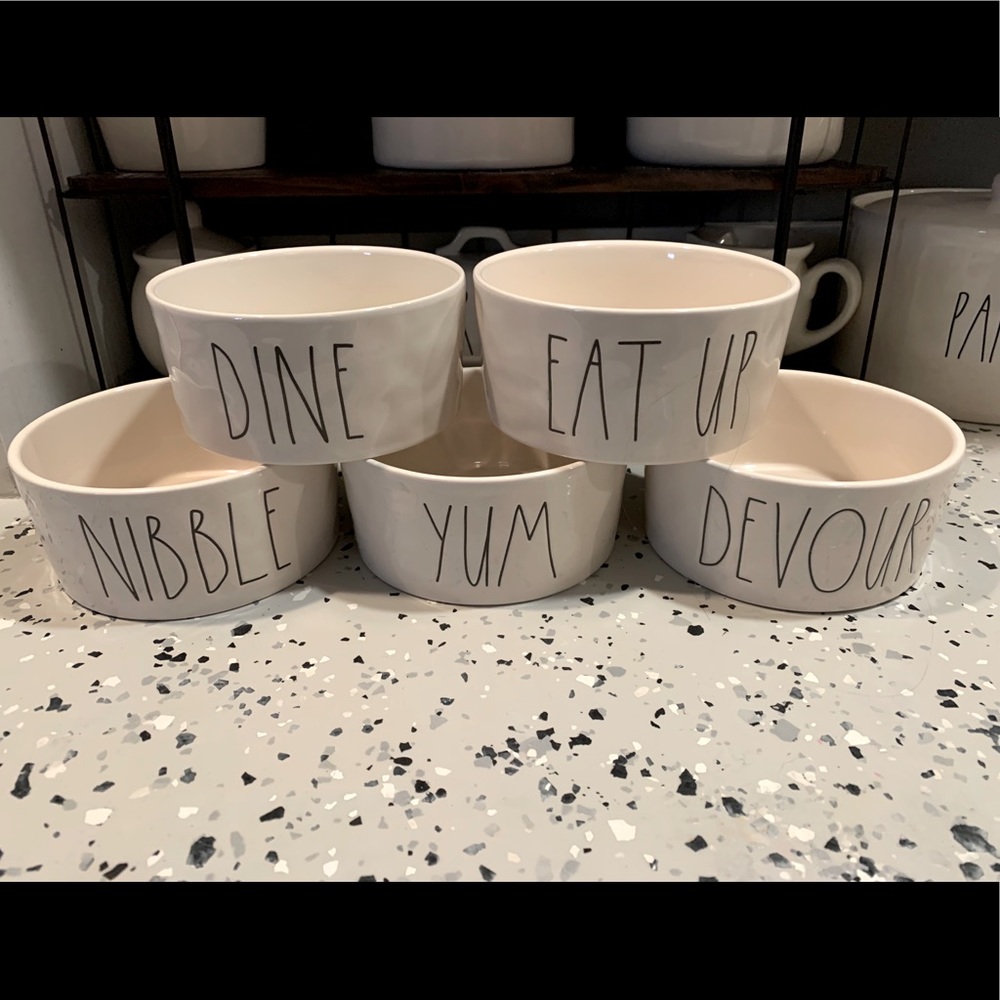 Assorted Rae Dunn small sized dog food bowls
